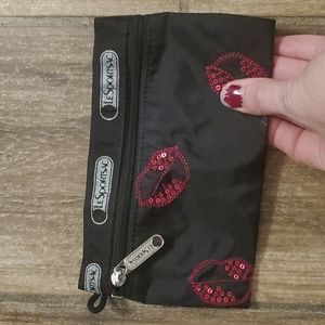 Rare LeSportsac Hot Kiss Black Red Sequin Lips Travel Makeup Bag.